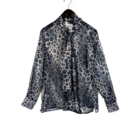 Worth New York  Womens Sz 10 Navy Leopard Print Tie Neck Sheer Blouse Button Top - Picture 1 of 9